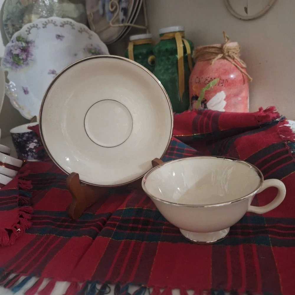 Lenox Montclair Teacup and Saucer Set Ivory Fine China Platinum Trim Made in USA